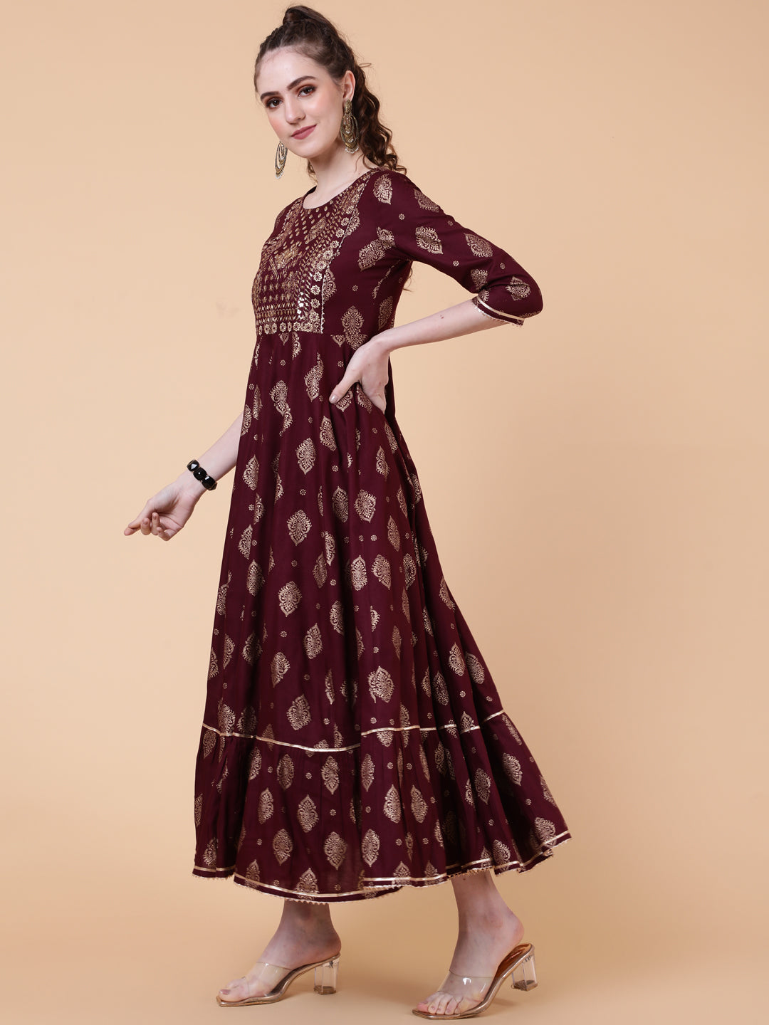 Rayon Ankle Length Printed Flared 3/4  Sleeves Round Neck Kurta