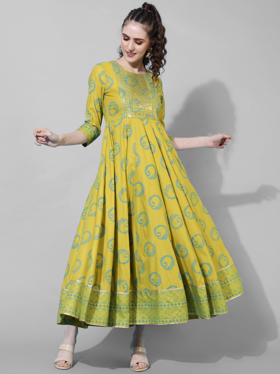 Rayon Ankle Length Printed Flared 3/4  Sleeves Round Neck Kurta
