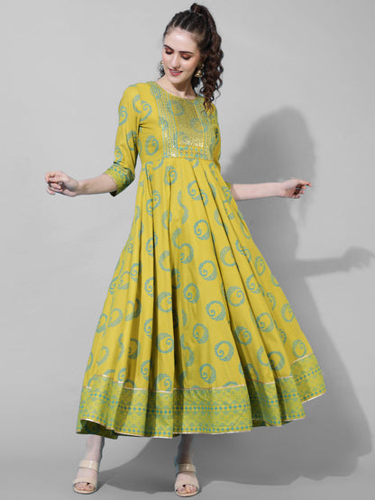 Rayon Ankle Length Printed Flared 3/4  Sleeves Round Neck Kurta