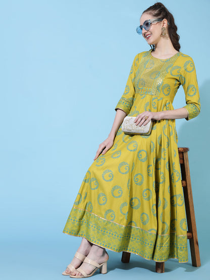 Rayon Ankle Length Printed Flared 3/4  Sleeves Round Neck Kurta
