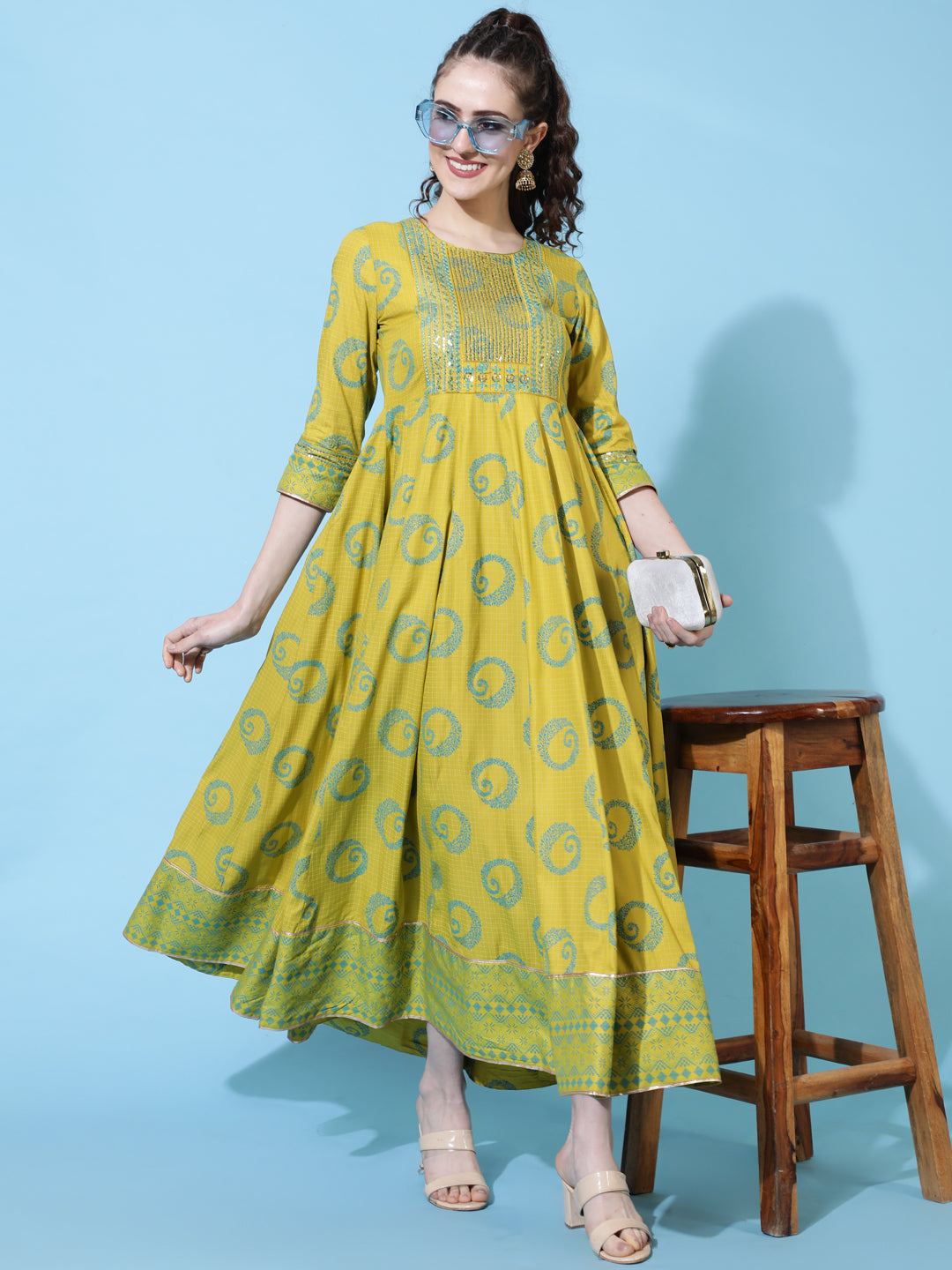 Rayon Ankle Length Printed Flared 3/4  Sleeves Round Neck Kurta