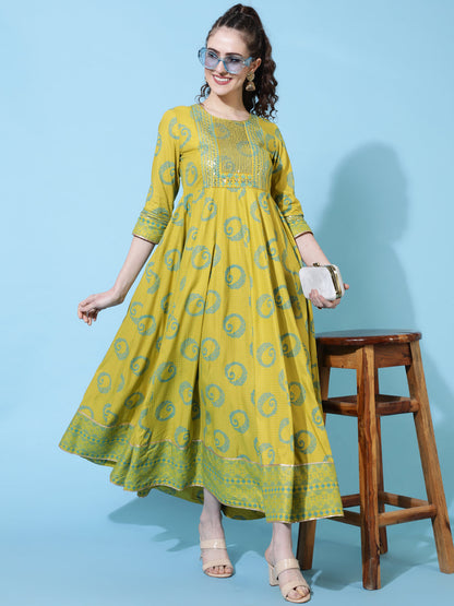 Rayon Ankle Length Printed Flared 3/4  Sleeves Round Neck Kurta