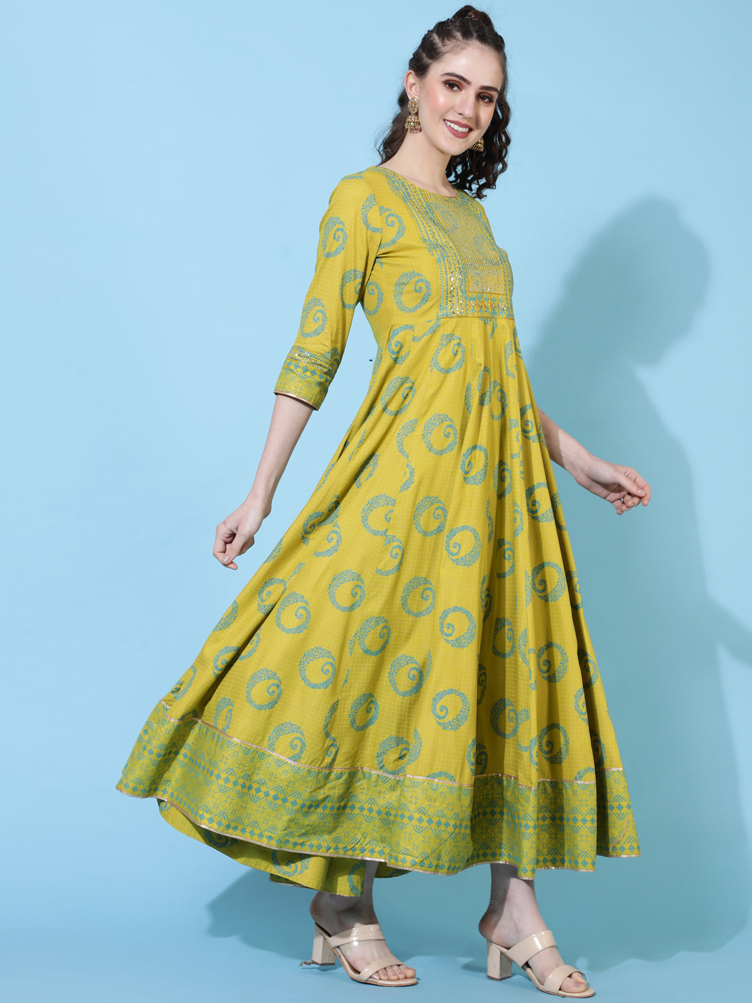 Rayon Ankle Length Printed Flared 3/4  Sleeves Round Neck Kurta