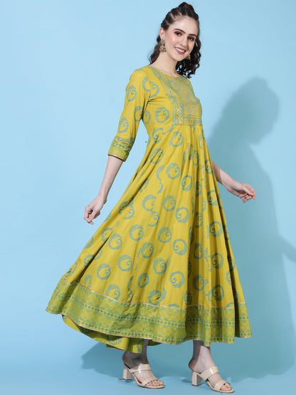 Rayon Ankle Length Printed Flared 3/4  Sleeves Round Neck Kurta