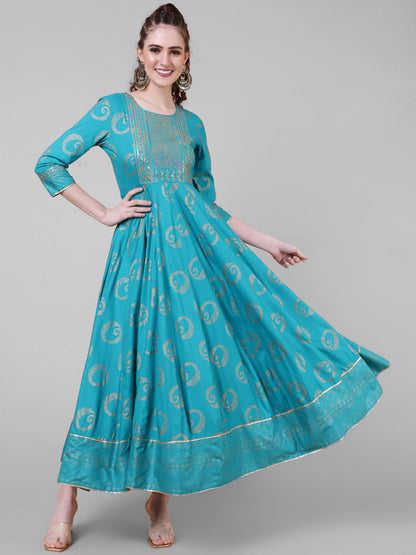 Rayon Ankle Length Printed Flared 3/4  Sleeves Round Neck Kurta