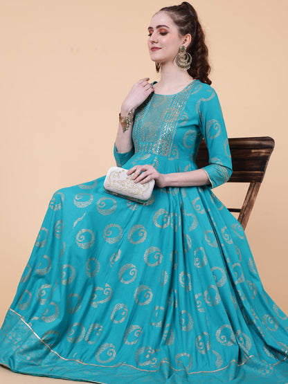 Rayon Ankle Length Printed Flared 3/4  Sleeves Round Neck Kurta