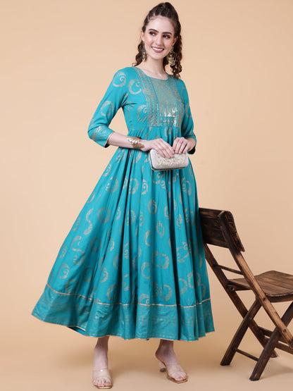 Rayon Ankle Length Printed Flared 3/4  Sleeves Round Neck Kurta