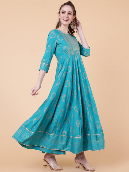Rayon Ankle Length Printed Flared 3/4  Sleeves Round Neck Kurta