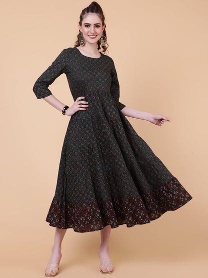 Cotton Calf Length Printed Flared 3/4  Sleeves Round Neck Kurta