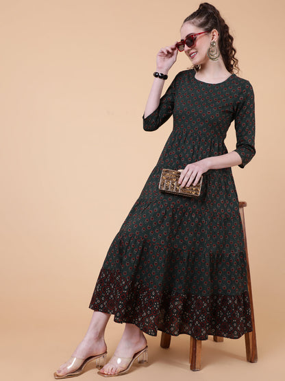 Cotton Calf Length Printed Flared 3/4  Sleeves Round Neck Kurta