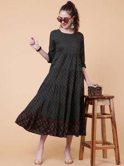 Cotton Calf Length Printed Flared 3/4  Sleeves Round Neck Kurta