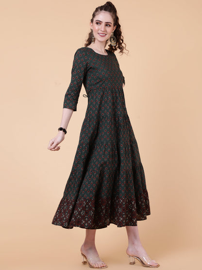 Cotton Calf Length Printed Flared 3/4  Sleeves Round Neck Kurta