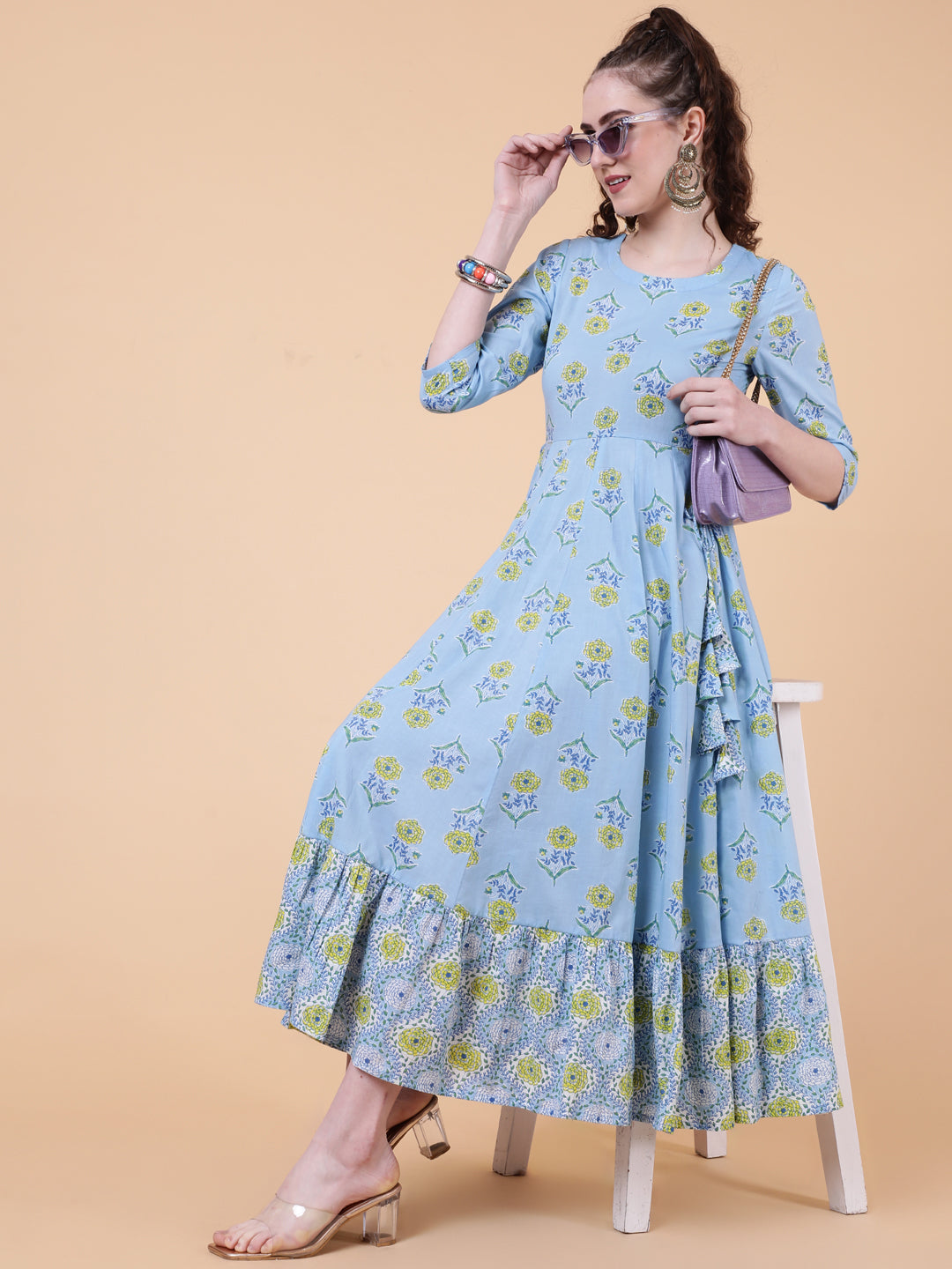 Cotton Calf Length Printed Flared 3/4  Sleeves Round Neck Kurta