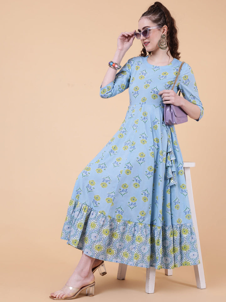 Cotton Calf Length Printed Flared 3/4  Sleeves Round Neck Kurta