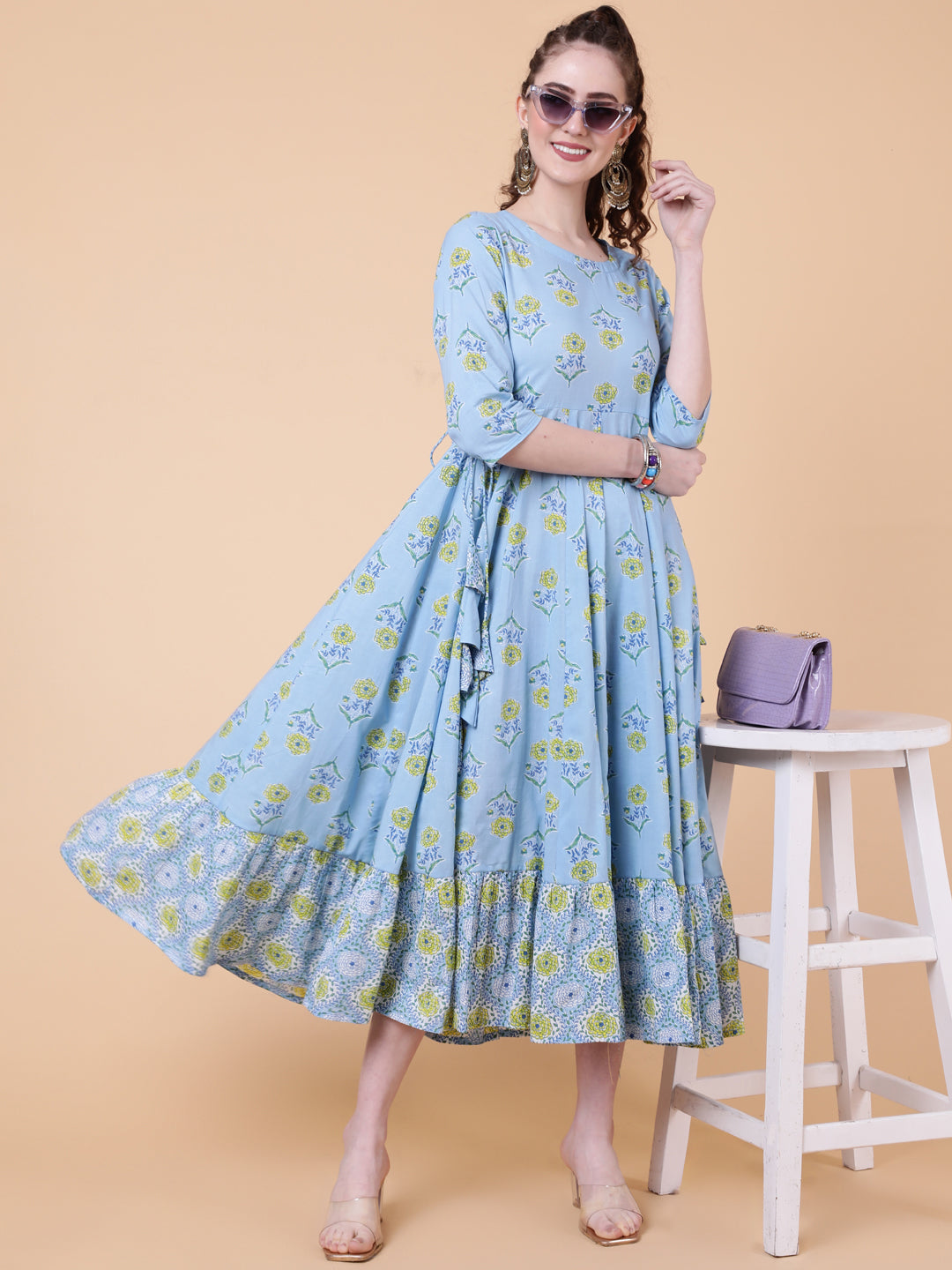 Cotton Calf Length Printed Flared 3/4  Sleeves Round Neck Kurta