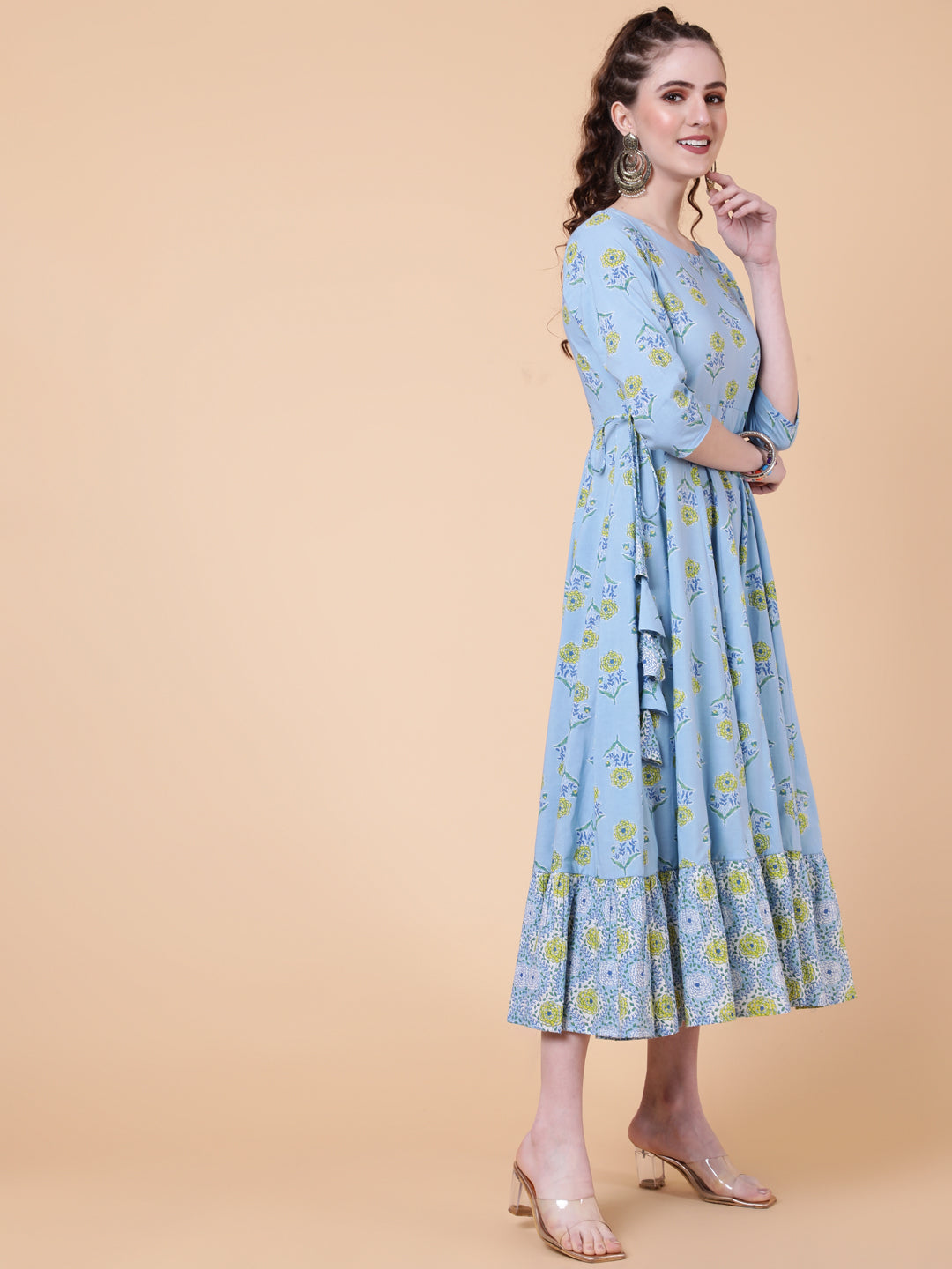 Cotton Calf Length Printed Flared 3/4  Sleeves Round Neck Kurta