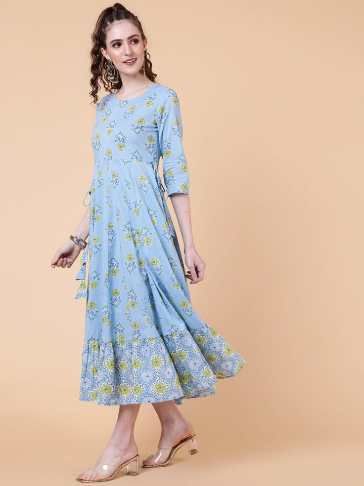 Cotton Calf Length Printed Flared 3/4  Sleeves Round Neck Kurta