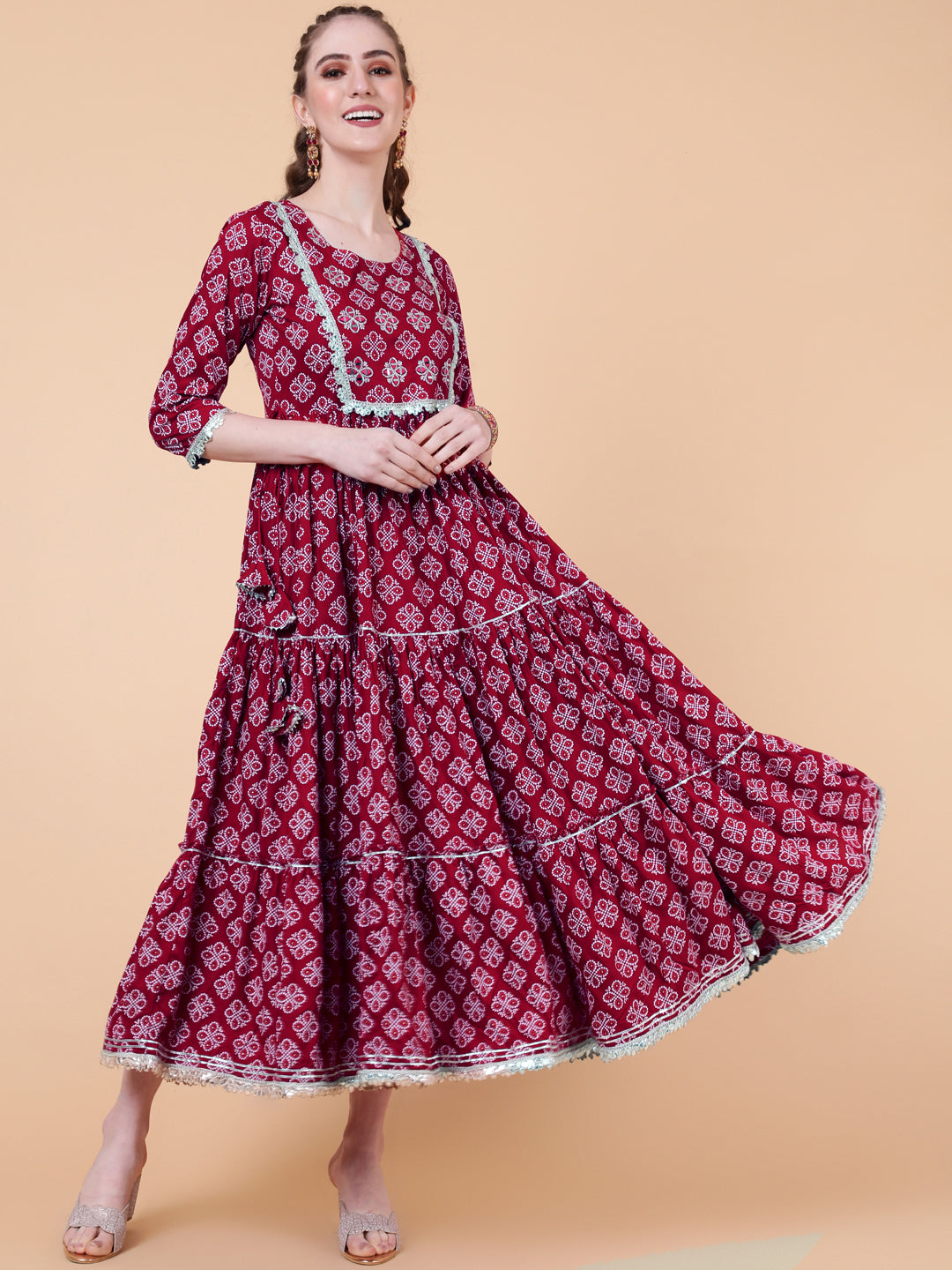 Rayon Calf Length Printed Flared 3/4  Sleeves Round Neck Kurta