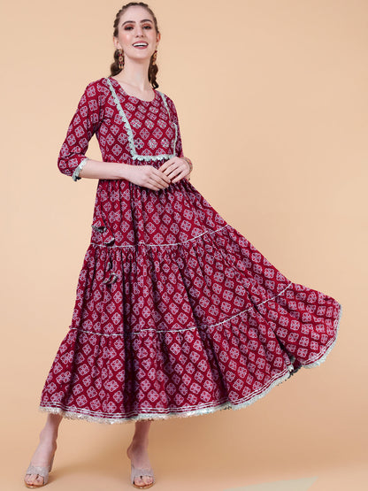 Rayon Calf Length Printed Flared 3/4  Sleeves Round Neck Kurta