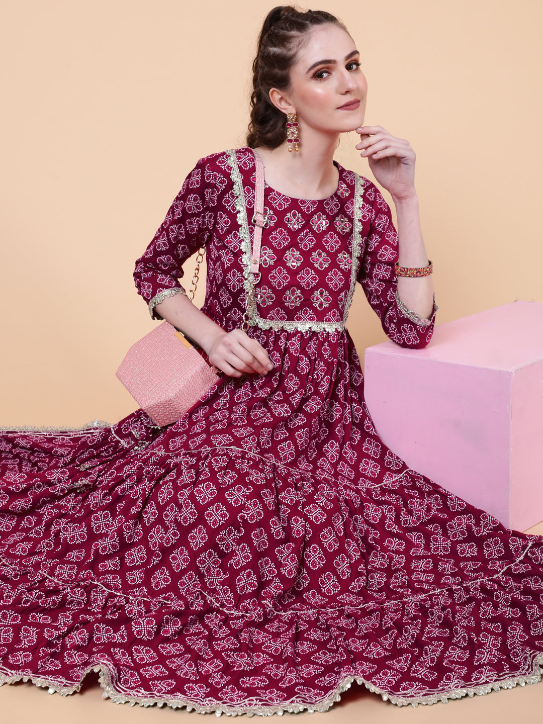 Rayon Calf Length Printed Flared 3/4  Sleeves Round Neck Kurta