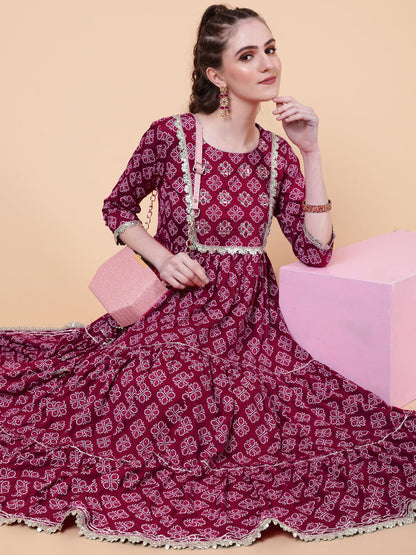 Rayon Calf Length Printed Flared 3/4  Sleeves Round Neck Kurta