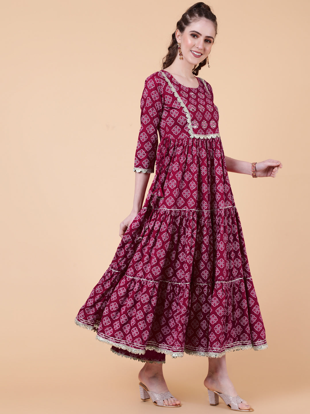 Rayon Calf Length Printed Flared 3/4  Sleeves Round Neck Kurta