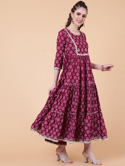 Rayon Calf Length Printed Flared 3/4  Sleeves Round Neck Kurta