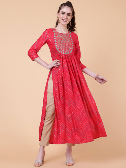 Rayon Calf Length Printed Semi-Flared 3/4  Sleeves Round Neck Kurta