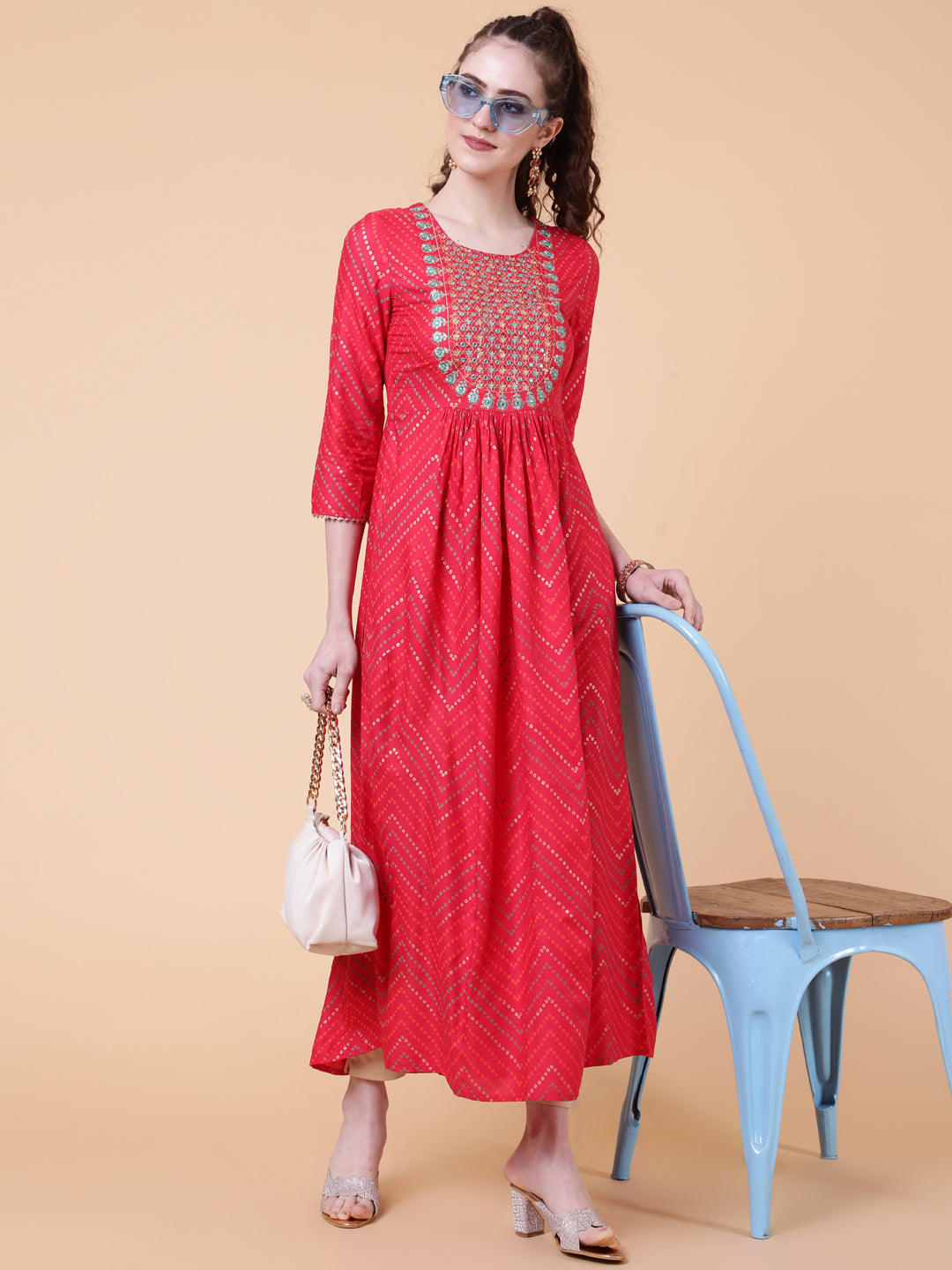 Rayon Calf Length Printed Semi-Flared 3/4  Sleeves Round Neck Kurta