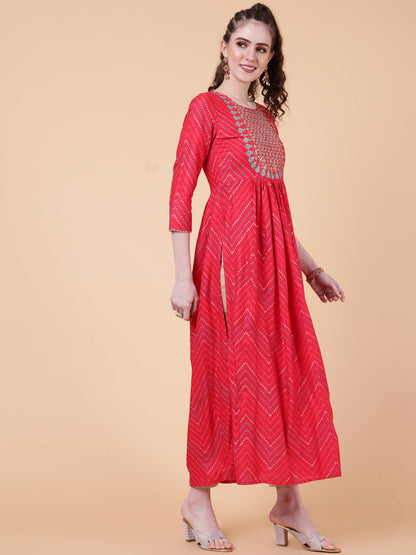 Rayon Calf Length Printed Semi-Flared 3/4  Sleeves Round Neck Kurta