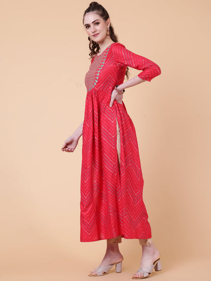 Rayon Calf Length Printed Semi-Flared 3/4  Sleeves Round Neck Kurta