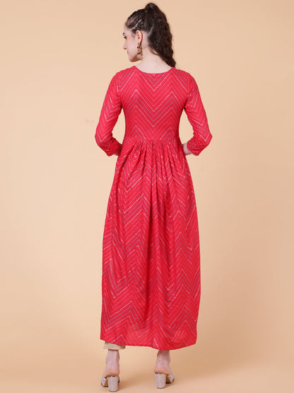 Rayon Calf Length Printed Semi-Flared 3/4  Sleeves Round Neck Kurta