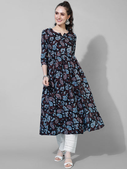 Rayon Calf Length Printed Semi-Flared 3/4  Sleeves Round Neck Kurta