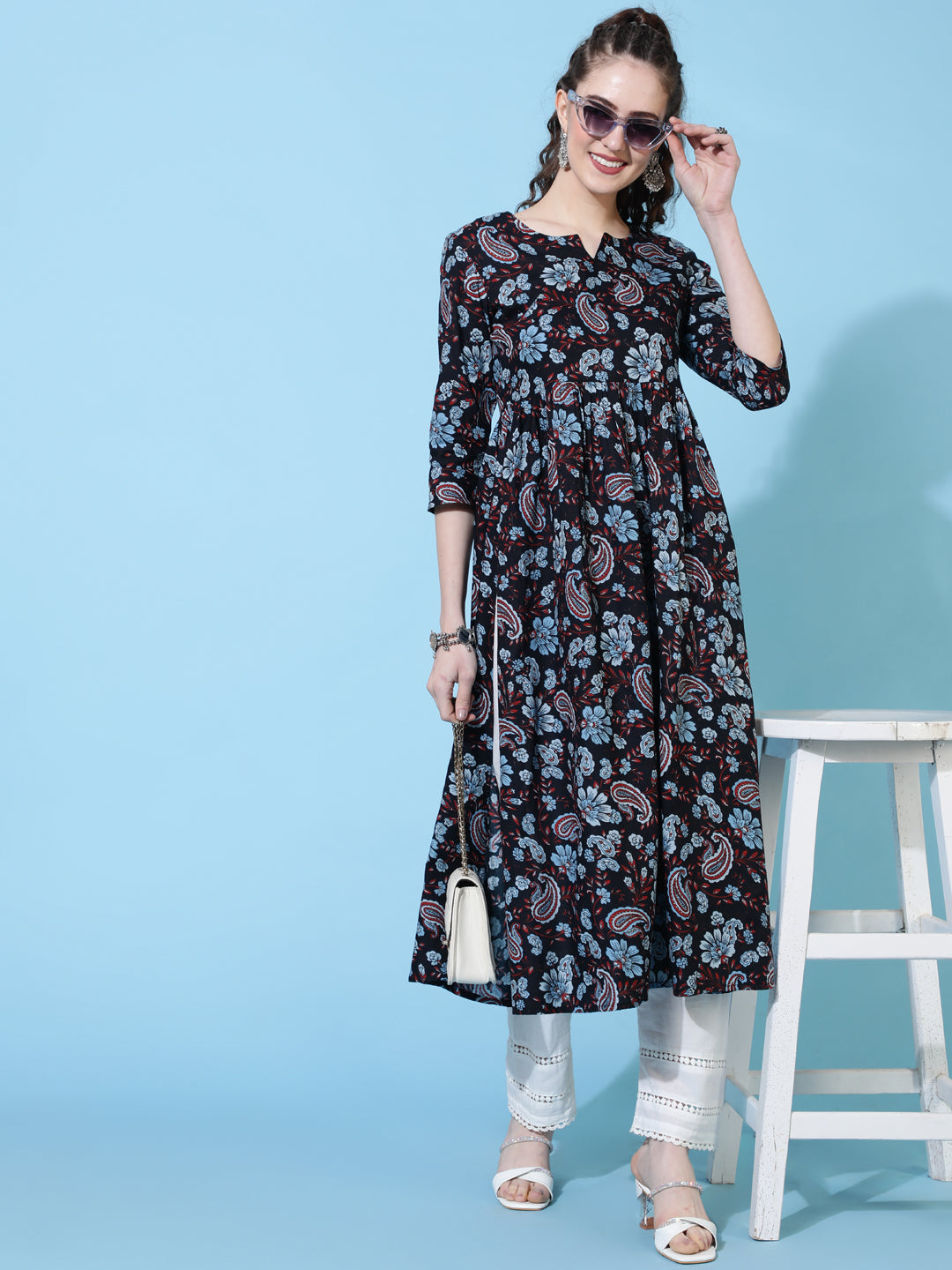 Rayon Calf Length Printed Semi-Flared 3/4  Sleeves Round Neck Kurta
