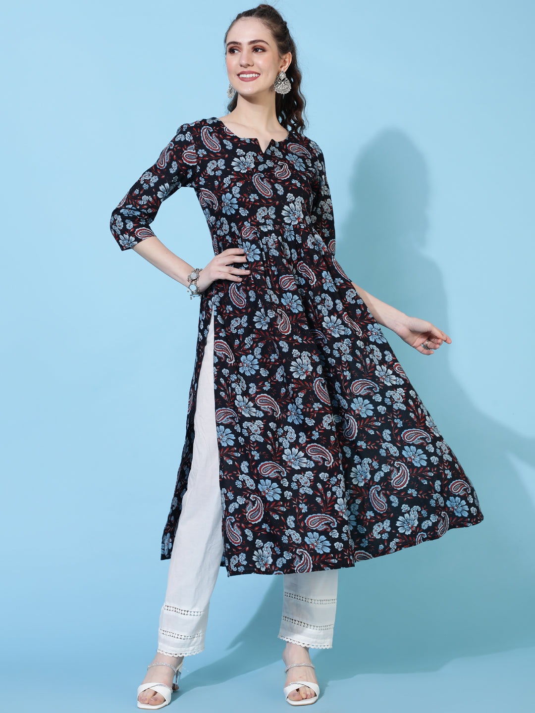 Rayon Calf Length Printed Semi-Flared 3/4  Sleeves Round Neck Kurta