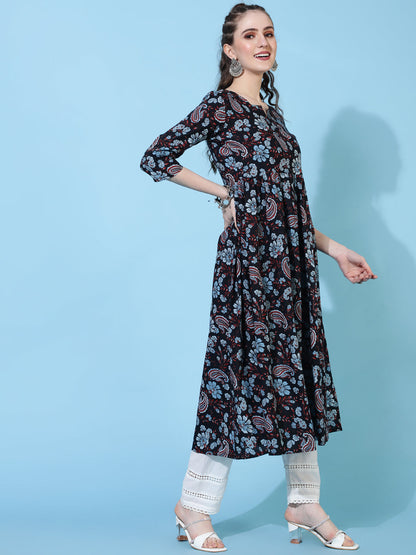 Rayon Calf Length Printed Semi-Flared 3/4  Sleeves Round Neck Kurta