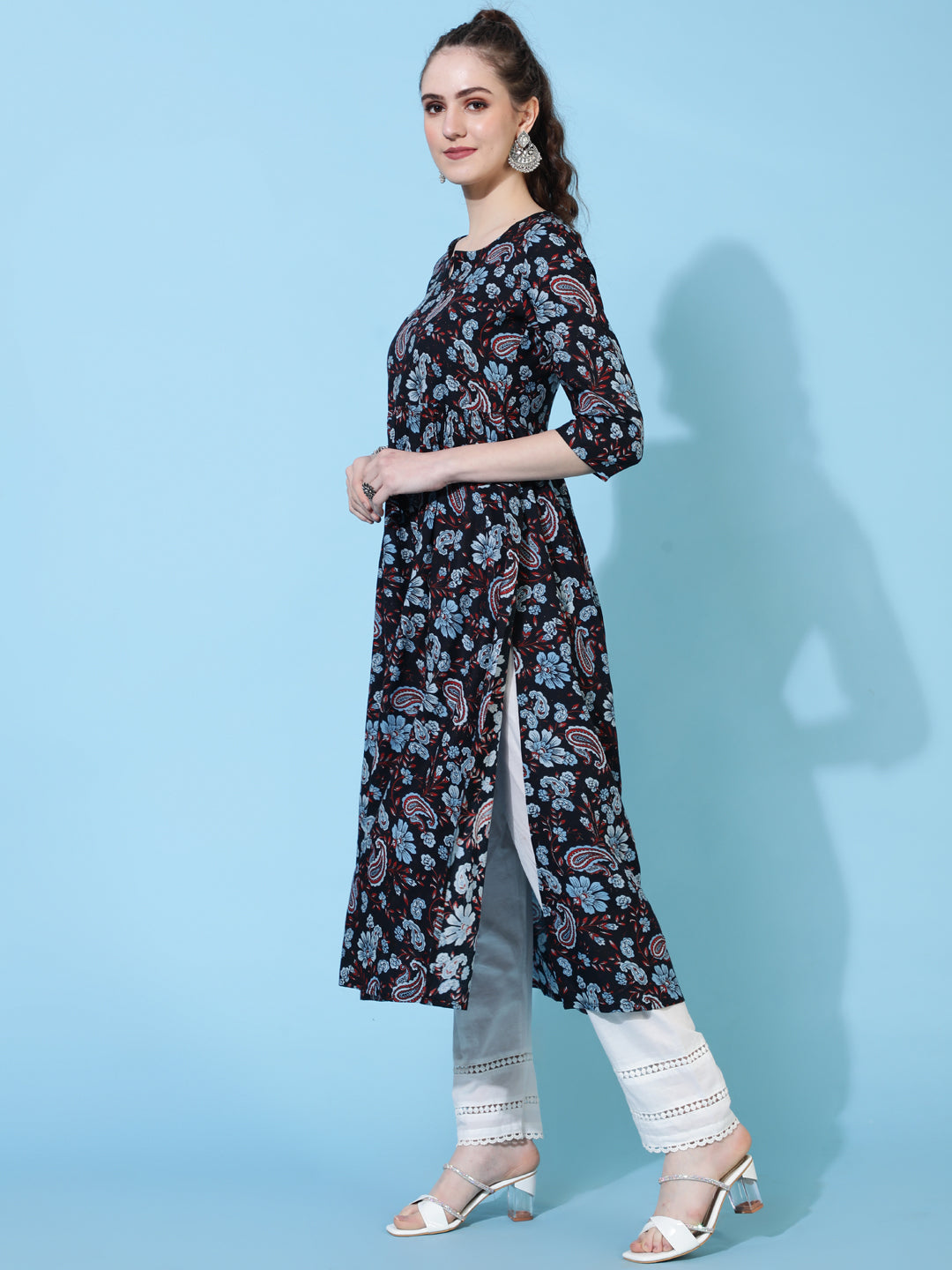 Rayon Calf Length Printed Semi-Flared 3/4  Sleeves Round Neck Kurta