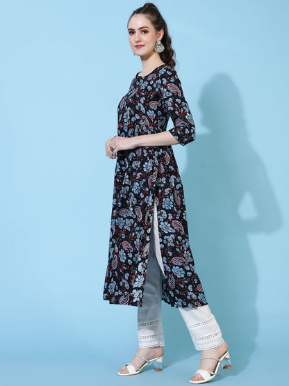Rayon Calf Length Printed Semi-Flared 3/4  Sleeves Round Neck Kurta