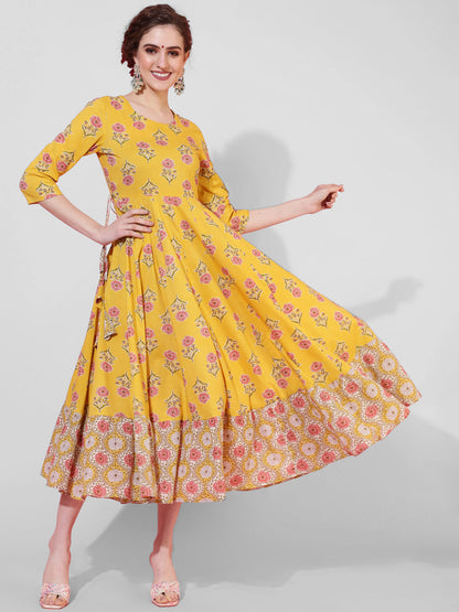 Cotton Calf Length Printed Flared 3/4  Sleeves Round Neck Kurta