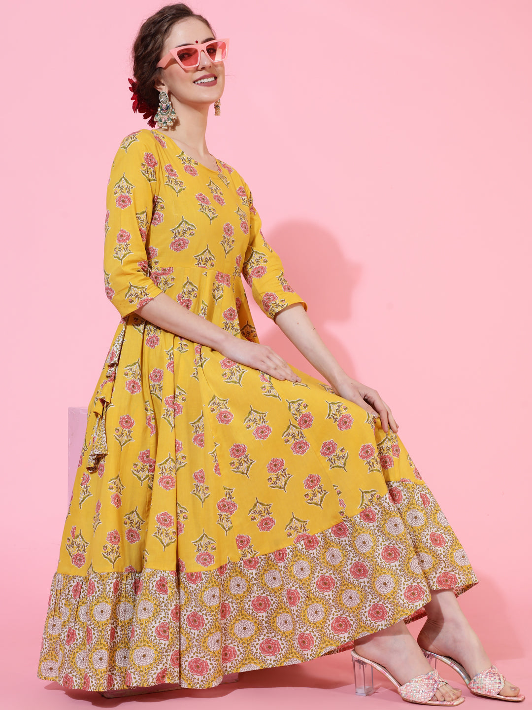 Cotton Calf Length Printed Flared 3/4  Sleeves Round Neck Kurta