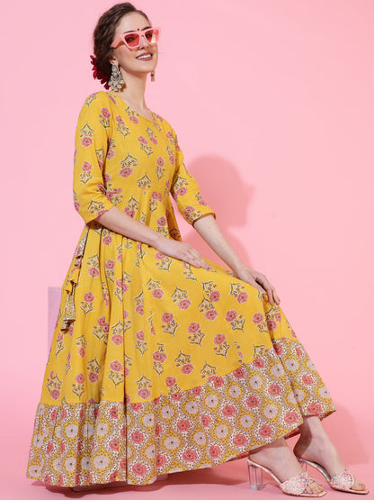 Cotton Calf Length Printed Flared 3/4  Sleeves Round Neck Kurta