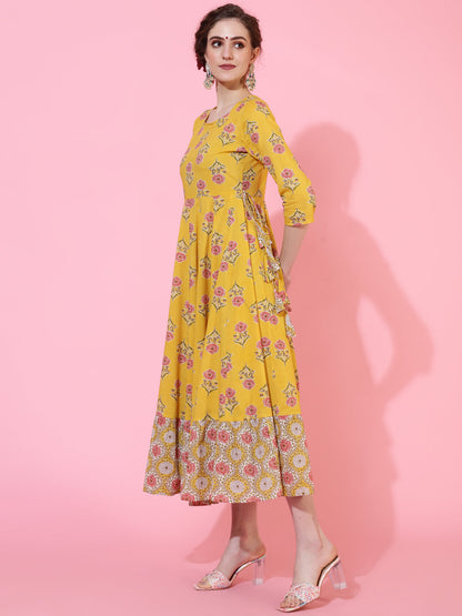 Cotton Calf Length Printed Flared 3/4  Sleeves Round Neck Kurta