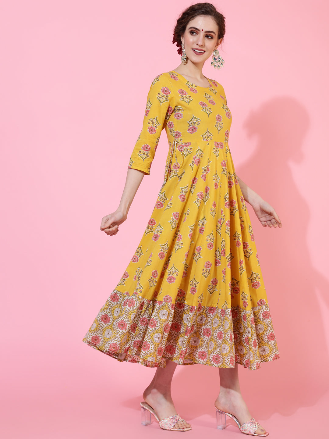 Cotton Calf Length Printed Flared 3/4  Sleeves Round Neck Kurta