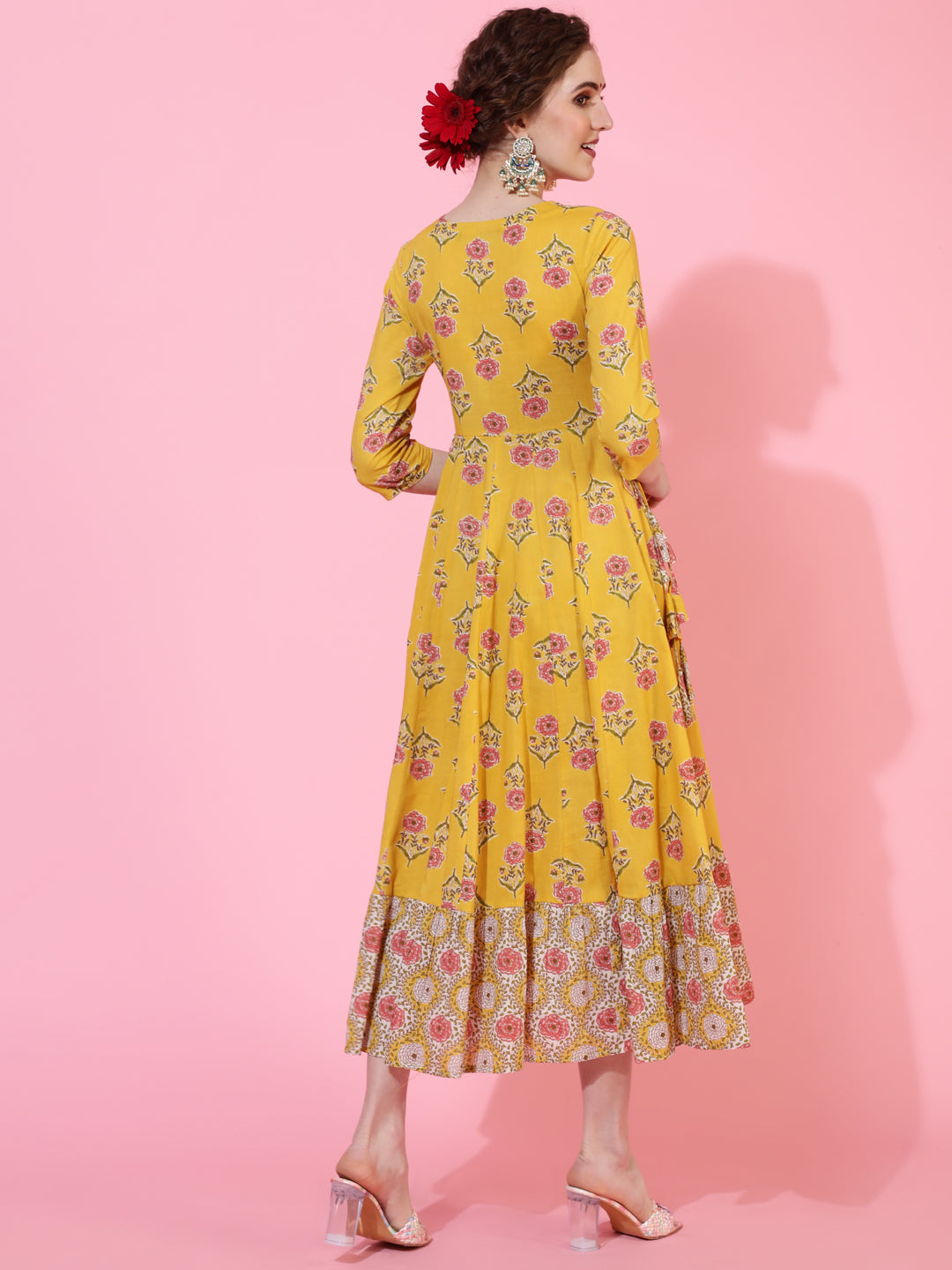 Cotton Calf Length Printed Flared 3/4  Sleeves Round Neck Kurta