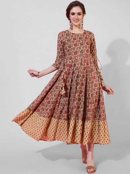 Cotton Calf Length Printed Flared 3/4  Sleeves Round Neck Kurta
