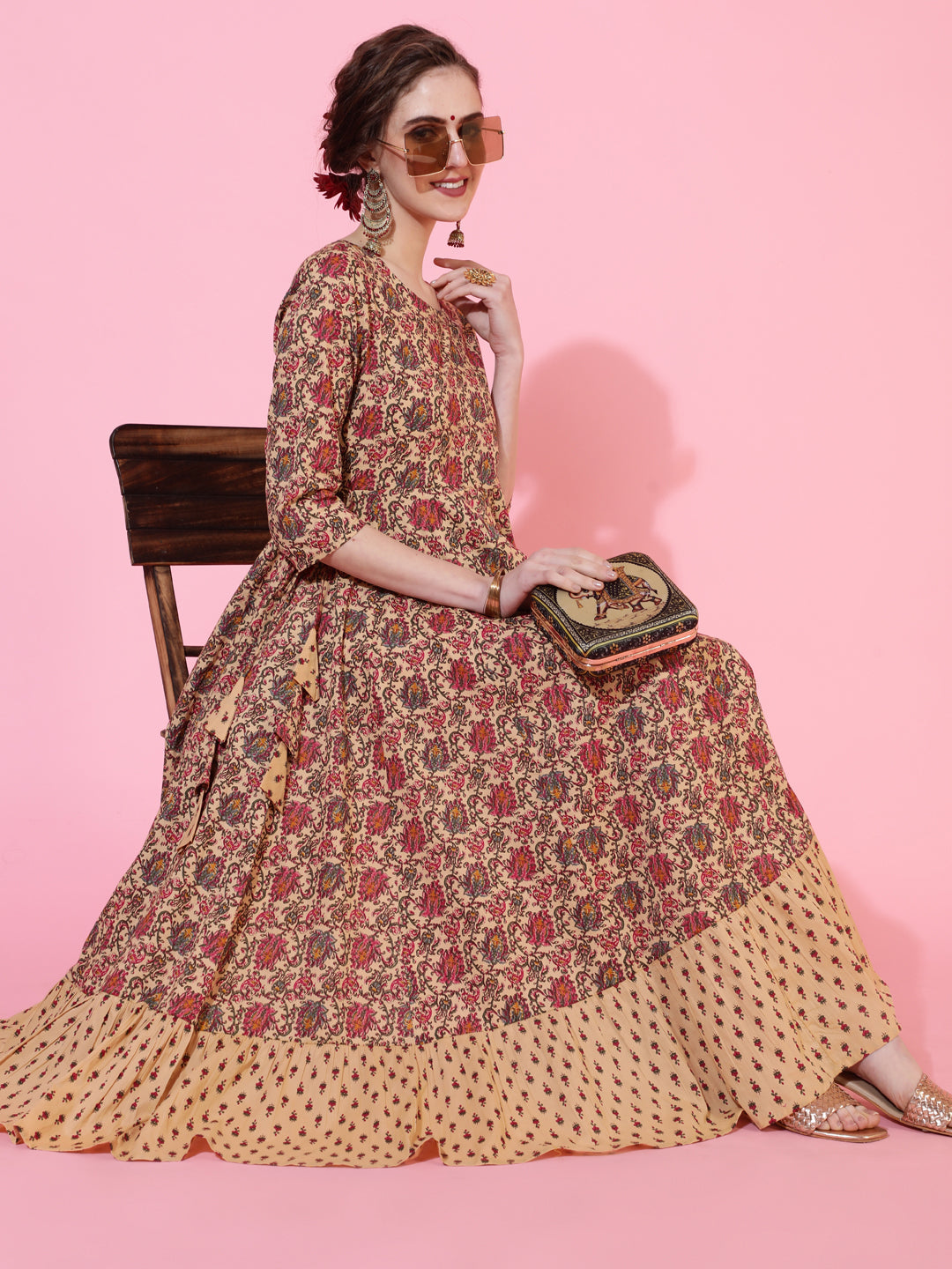 Cotton Calf Length Printed Flared 3/4  Sleeves Round Neck Kurta