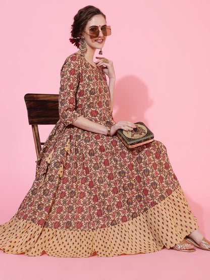 Cotton Calf Length Printed Flared 3/4  Sleeves Round Neck Kurta