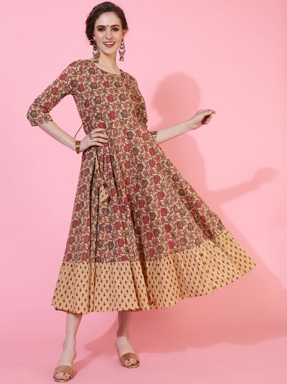 Cotton Calf Length Printed Flared 3/4  Sleeves Round Neck Kurta