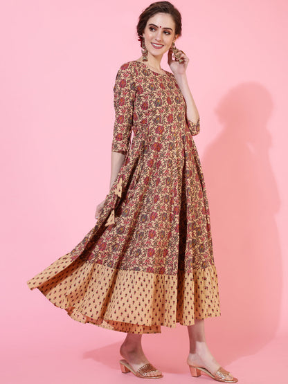 Cotton Calf Length Printed Flared 3/4  Sleeves Round Neck Kurta
