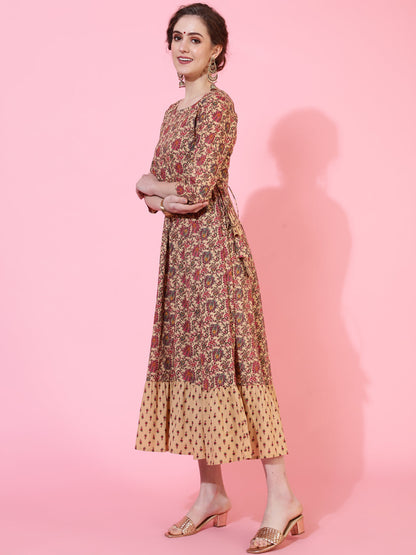 Cotton Calf Length Printed Flared 3/4  Sleeves Round Neck Kurta